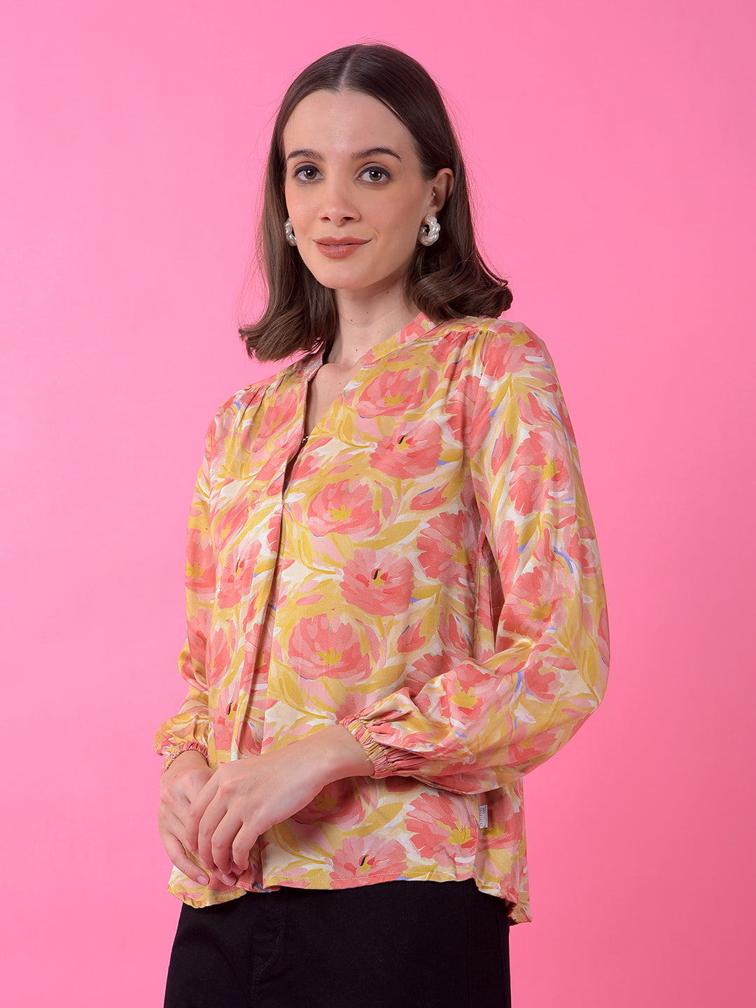 Olive Floral Print V-Neck Top