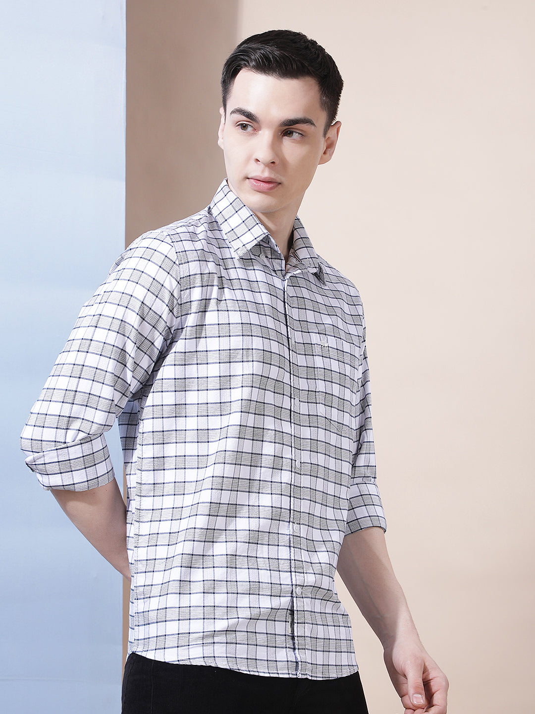 White Checked Button-Down Collar 100% Cotton Shirt