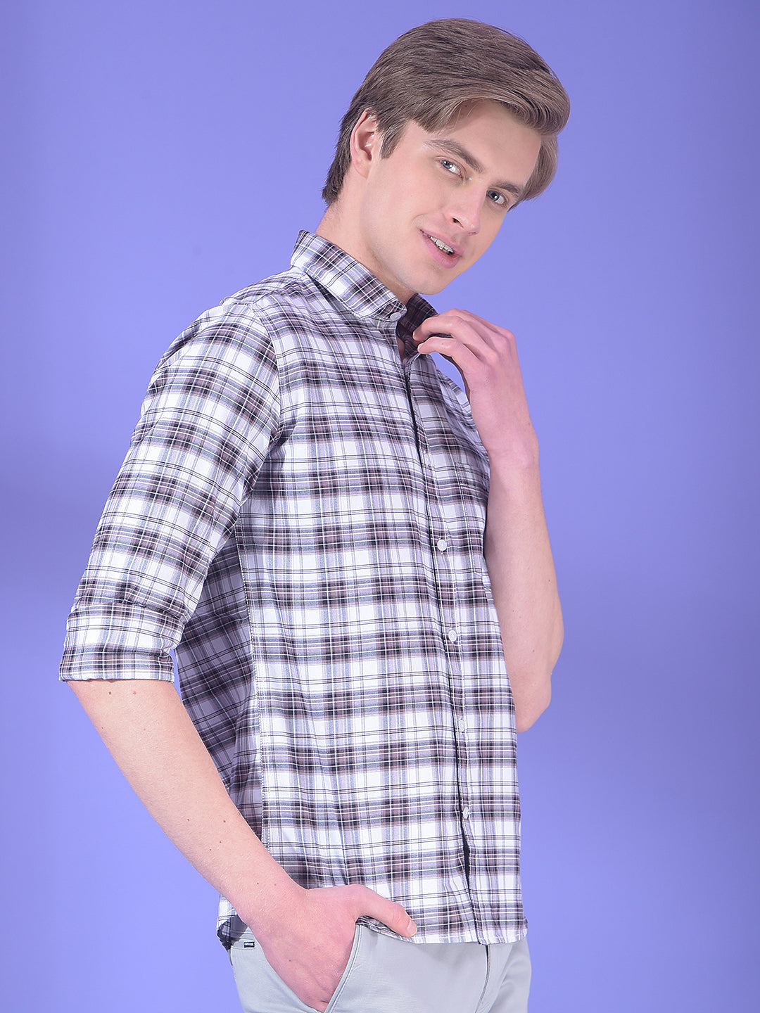 Brown Checked 100% Cotton Button-Down Collar Shirt