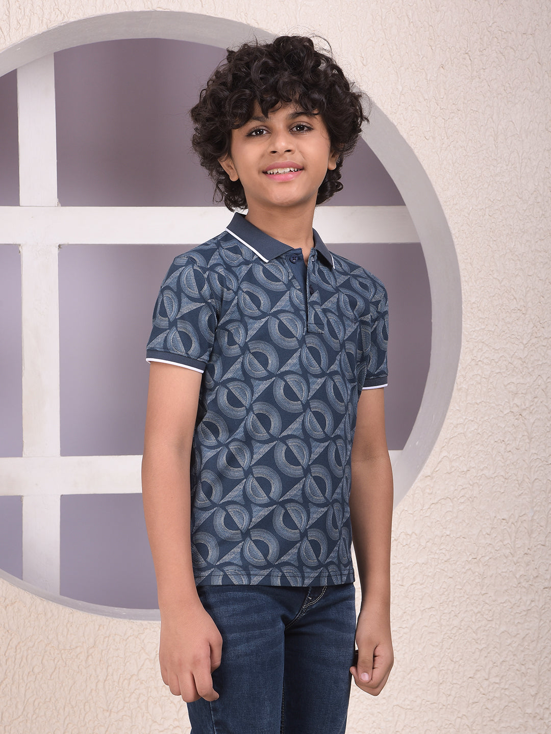 Navy Blue Printed Polo Neck T-Shirt