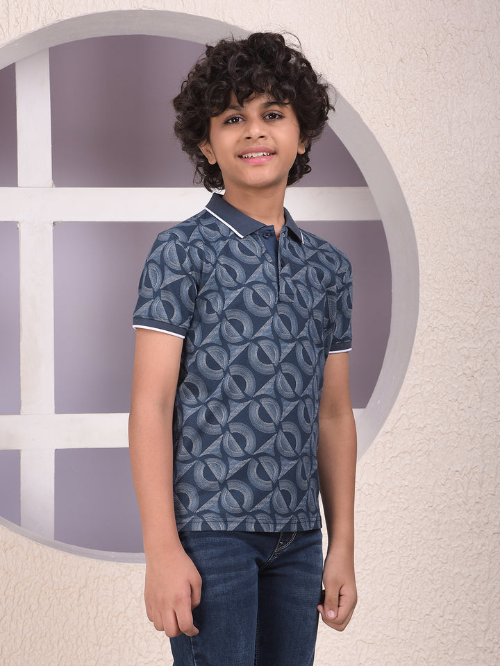 Navy Blue Printed Polo Neck T-Shirt