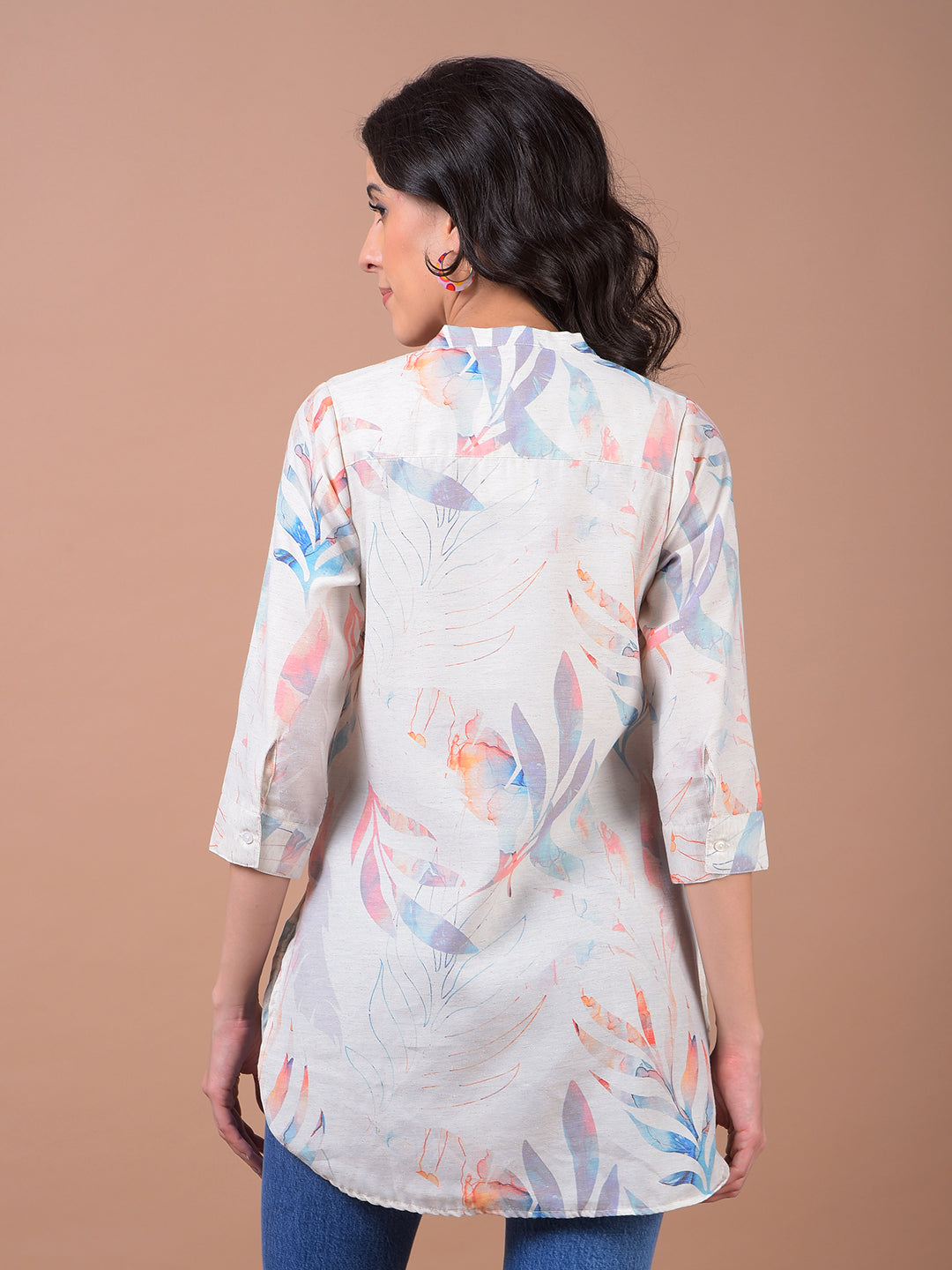 Orange Floral Print V-Neck Linen Top