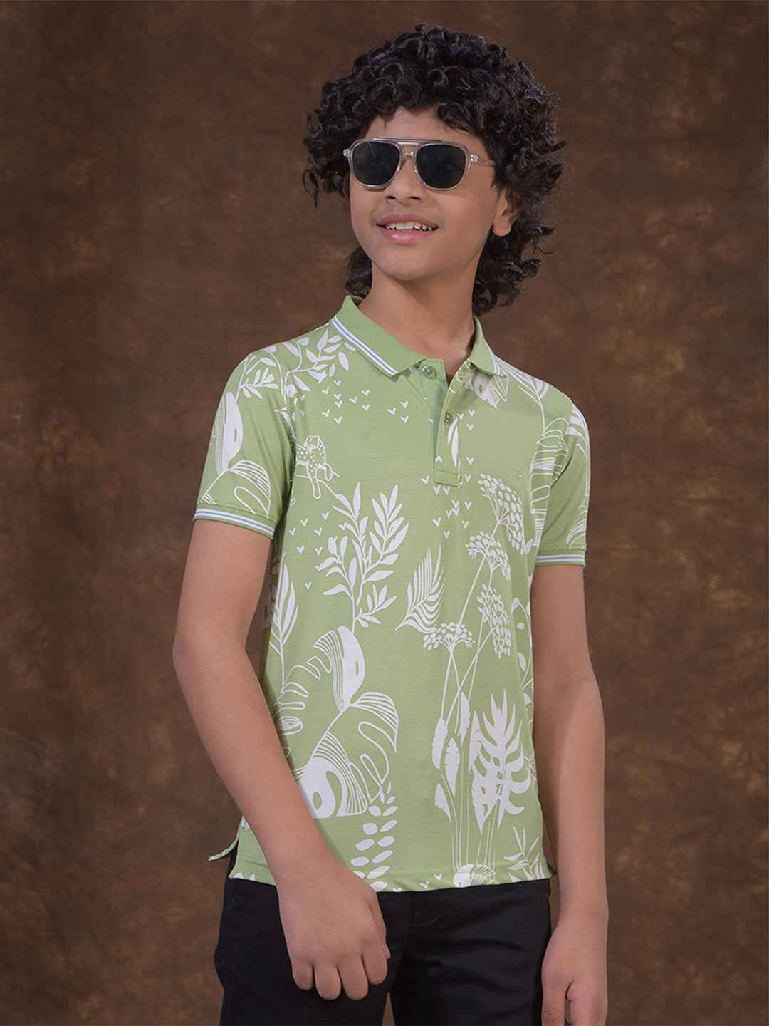 Green Floral Print Polo Neck T-Shirt