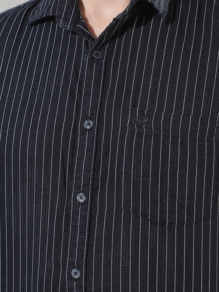 Navy Blue 100% Cotton Verical Stripes Shirt