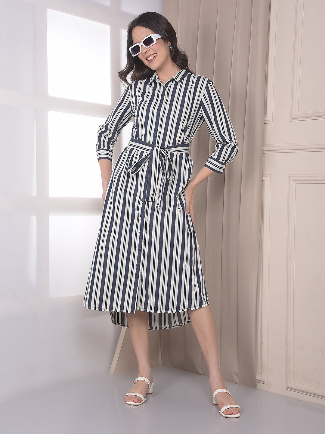 Blue Vertical Striped 100% cotton Shirt Dress