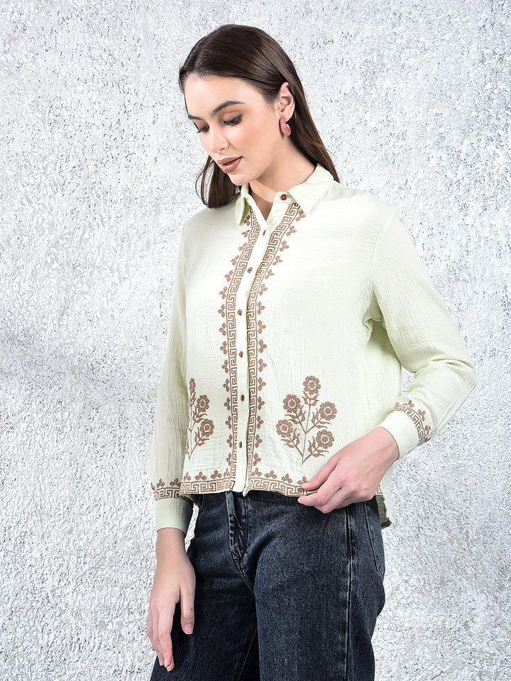 Green Embroidered 100% Cotton Shirt