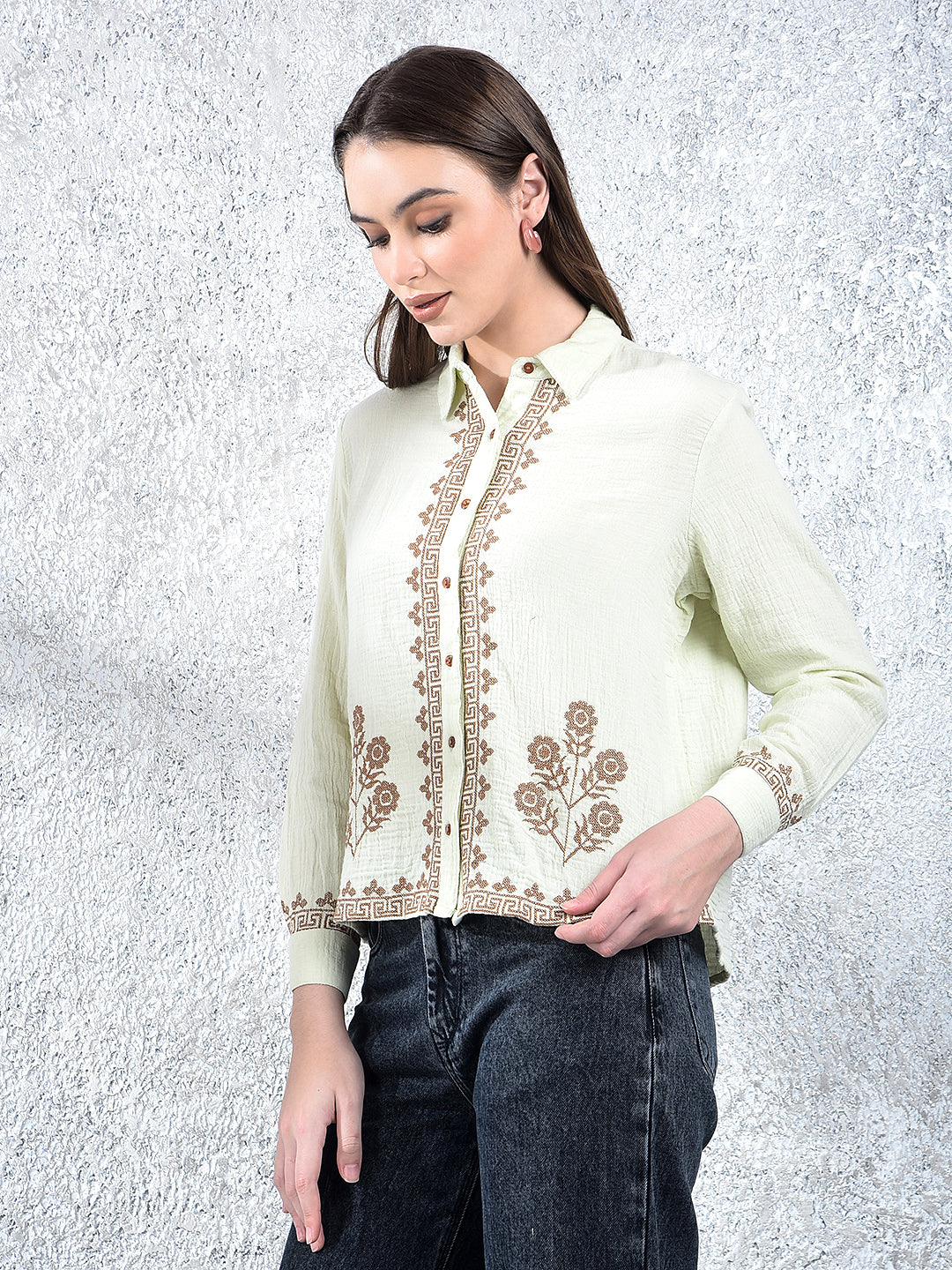 Green Embroidered 100% Cotton Shirt