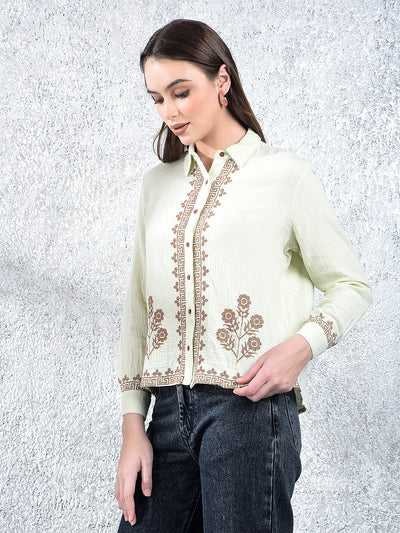 Green Embroidered 100% Cotton Shirt