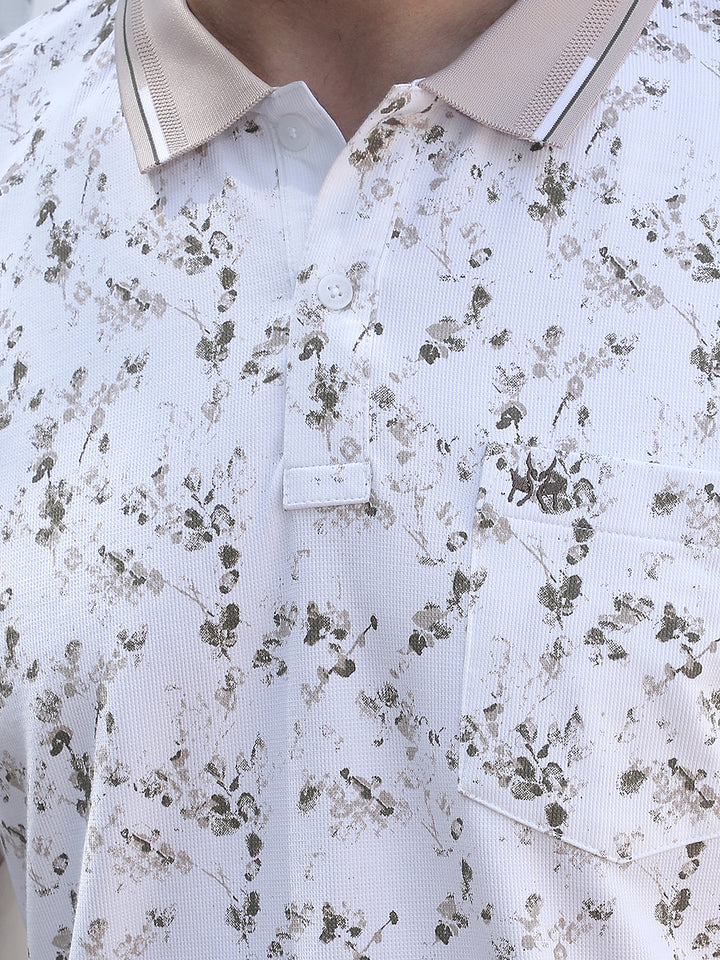 Beige Printed Polo Neck T-Shirt