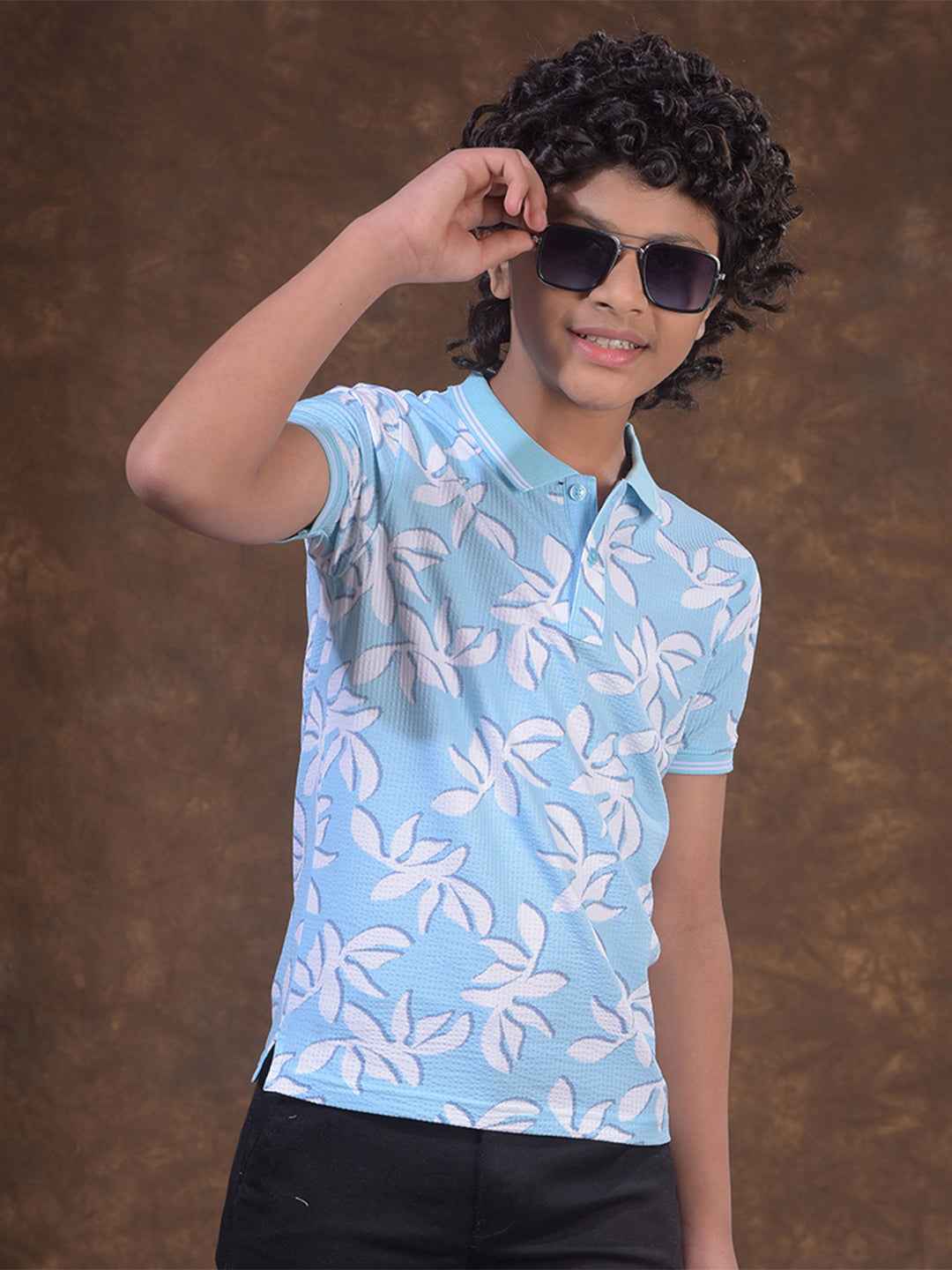 Blue Floral Print Polo Neck T-Shirt