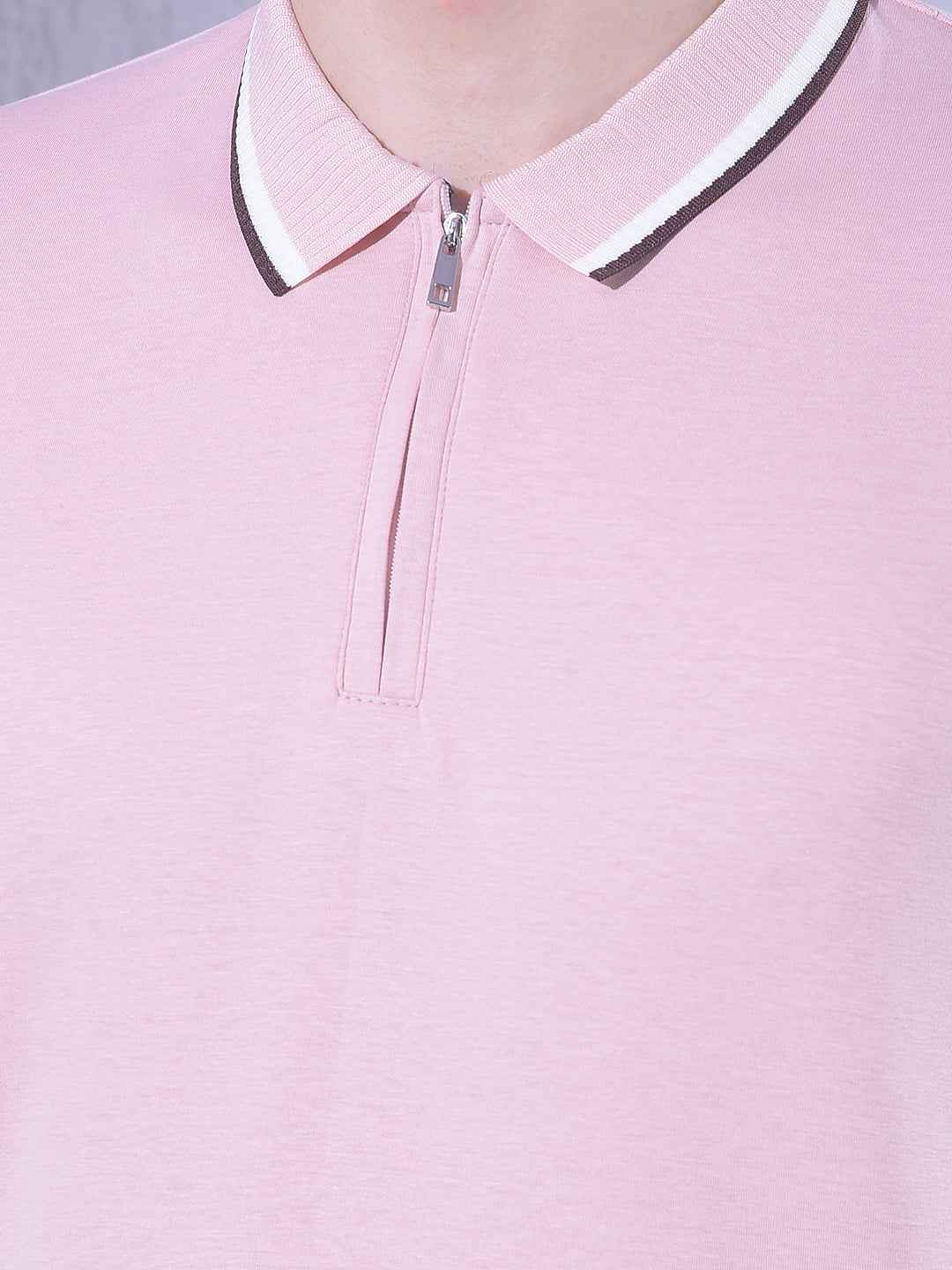 Pink Polo Neck T-Shirt with Zip Closure