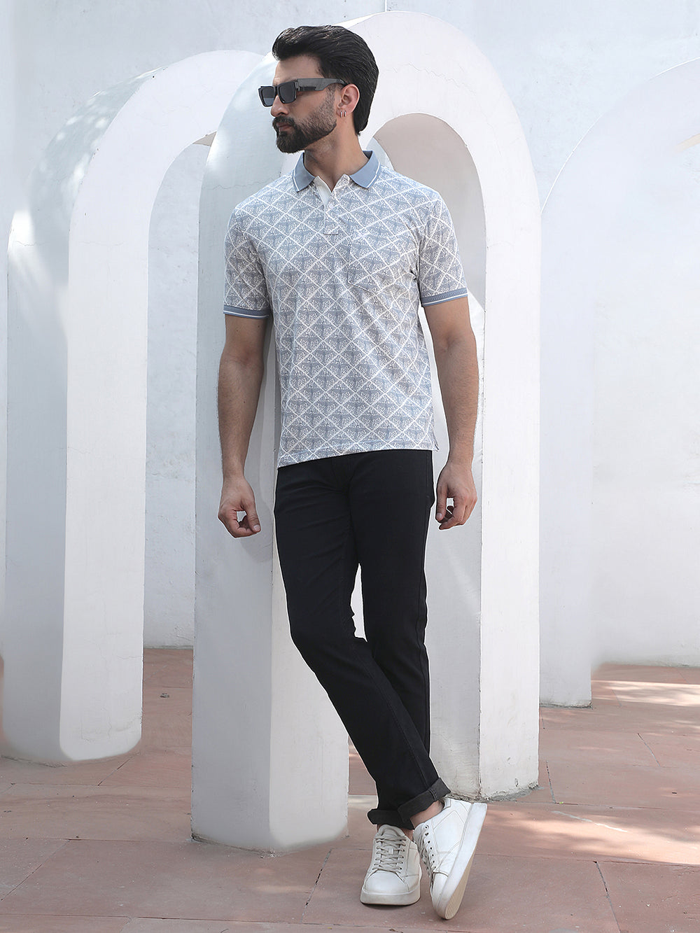 Blue Printed Polo Neck T-Shirt