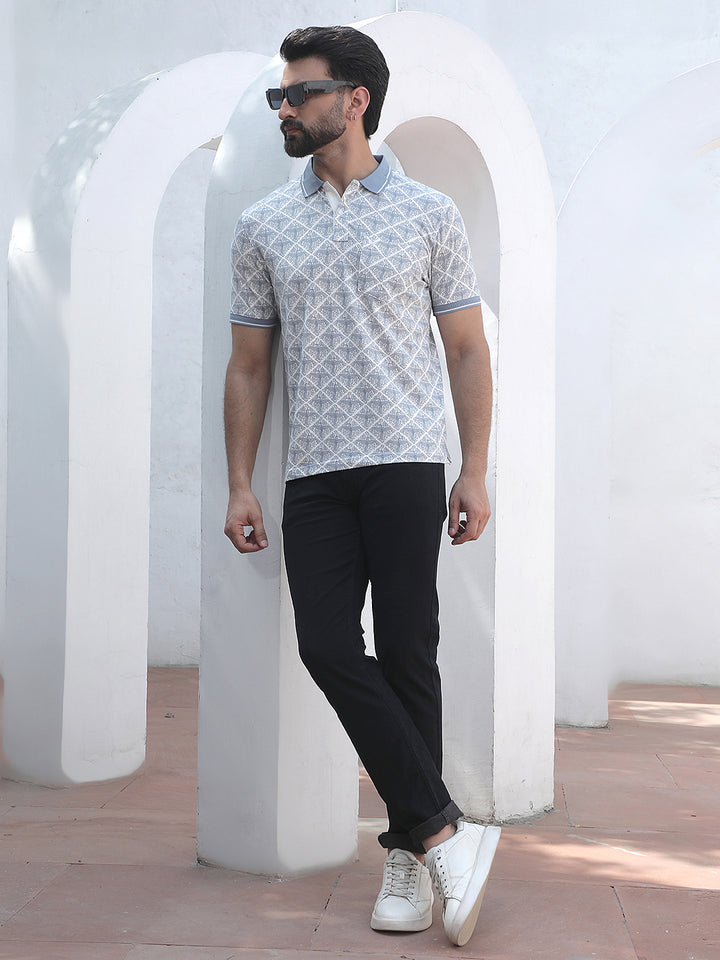 Blue Printed Polo Neck T-Shirt