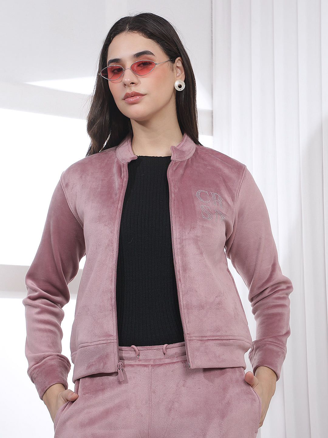 Pink Embellished Mock Neck Sweatshirt