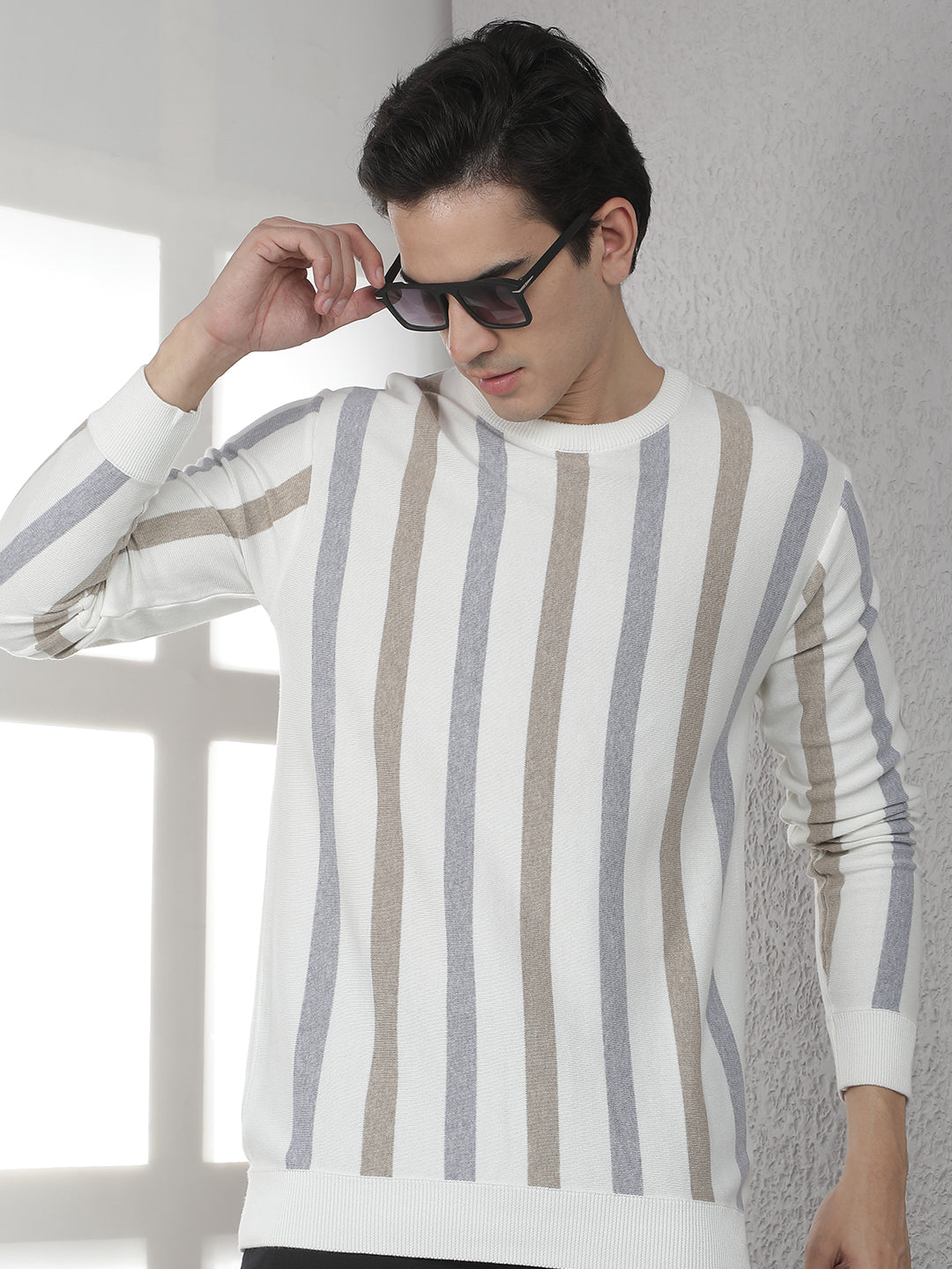 Beige 100% Cotton Verical Stripes Round Neck Sweater