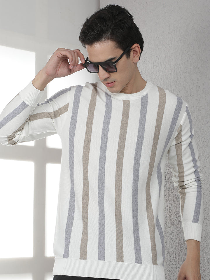 Beige 100% Cotton Verical Stripes Round Neck Sweater