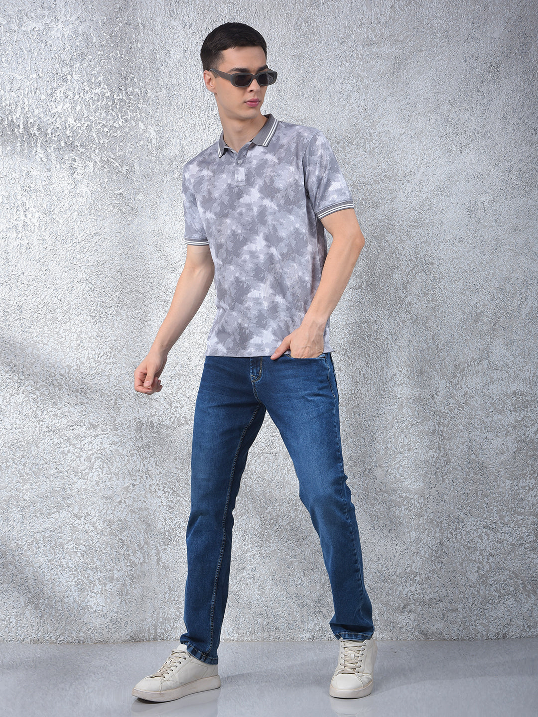 Grey Abstract Print Polo Neck T-Shirt