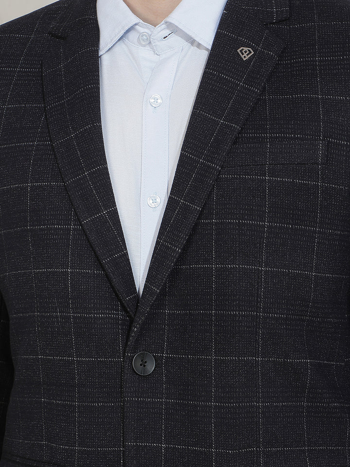 Navy Blue Checked Notched Lapel Blazer