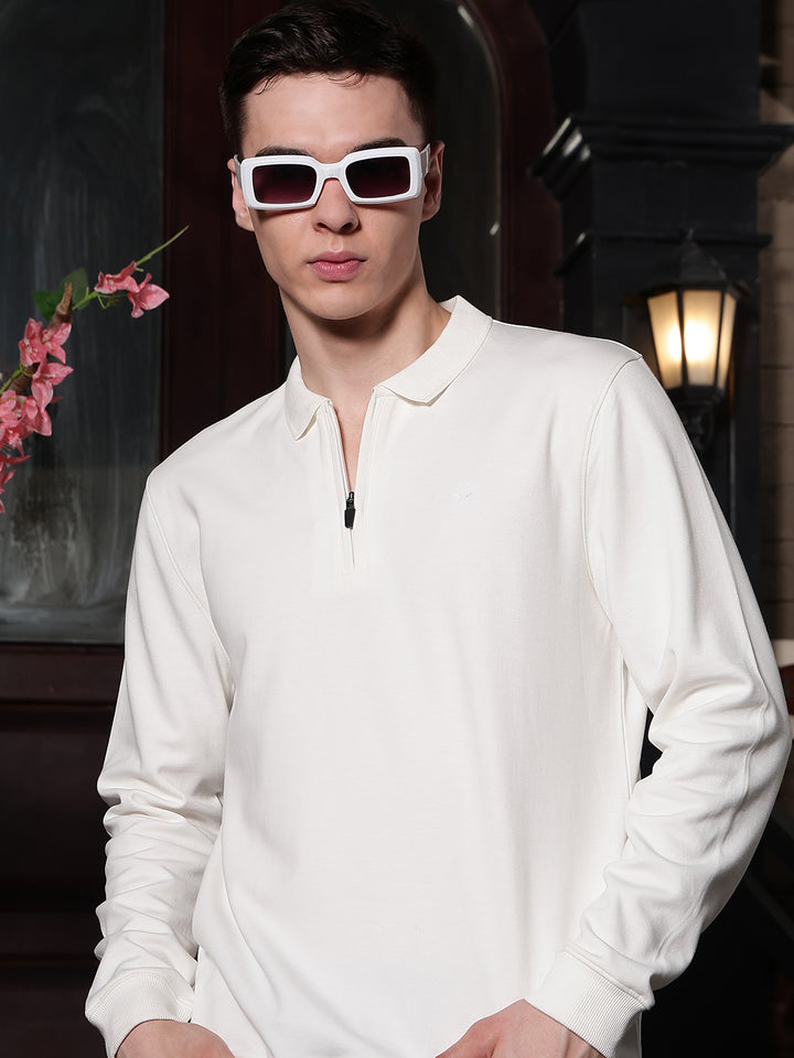 Off White Polo Neck Front Open Sweatshirt