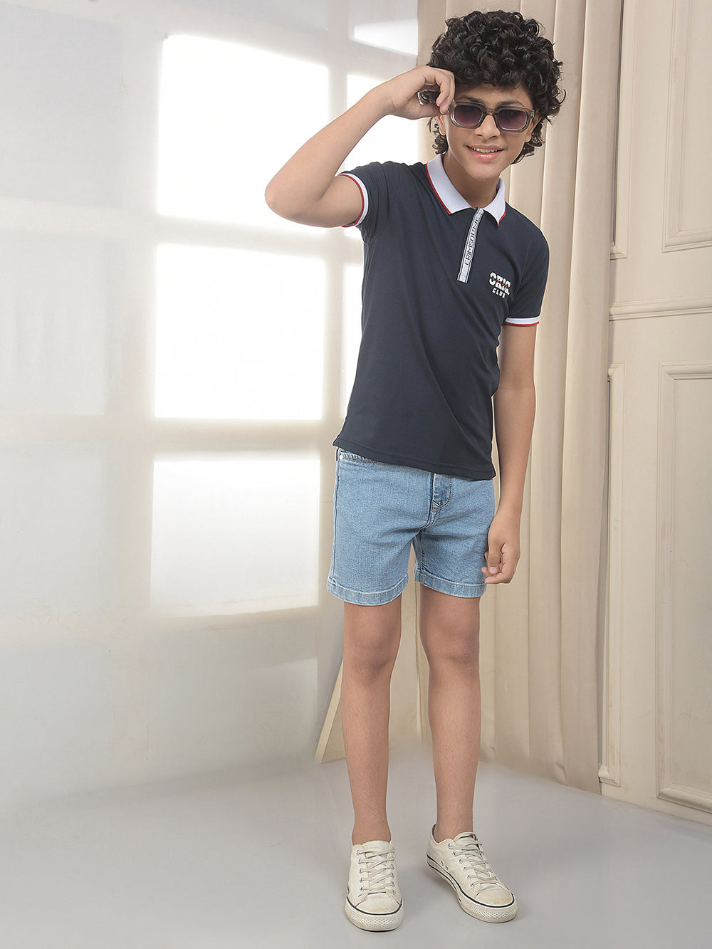 Navy Blue Typographic Polo Neck T-Shirt