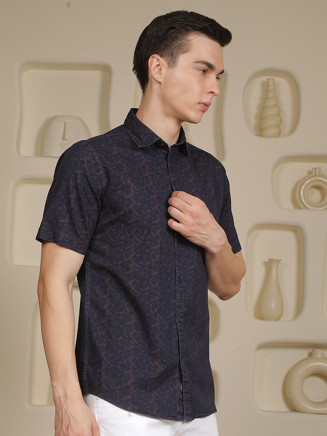Navy Blue Floral Print 100% Cotton Shirt