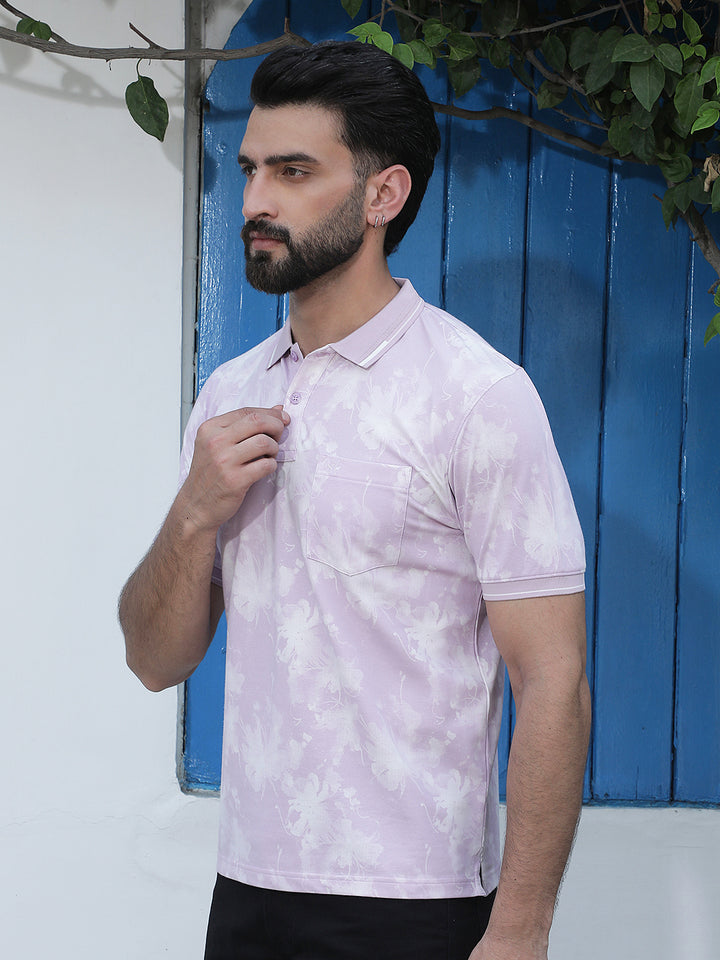Pink Floral Print Polo Neck T-Shirt