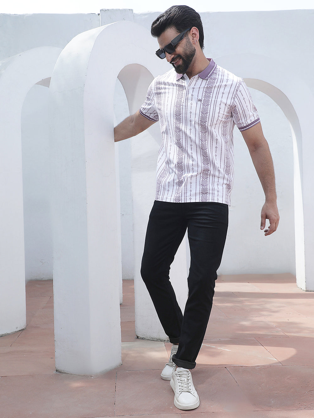 Purple Botanical Print Polo Neck T-Shirt