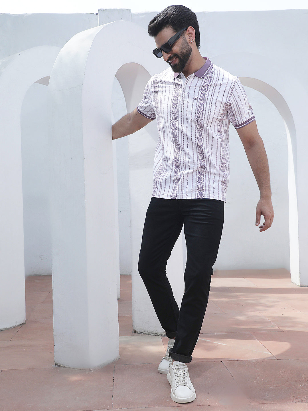 Purple Botanical Print Polo Neck T-Shirt