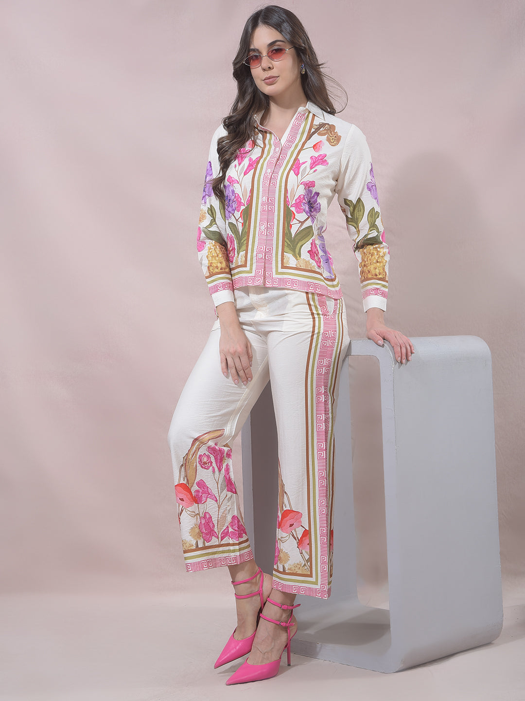 Off White Floral Print Casual Trousers