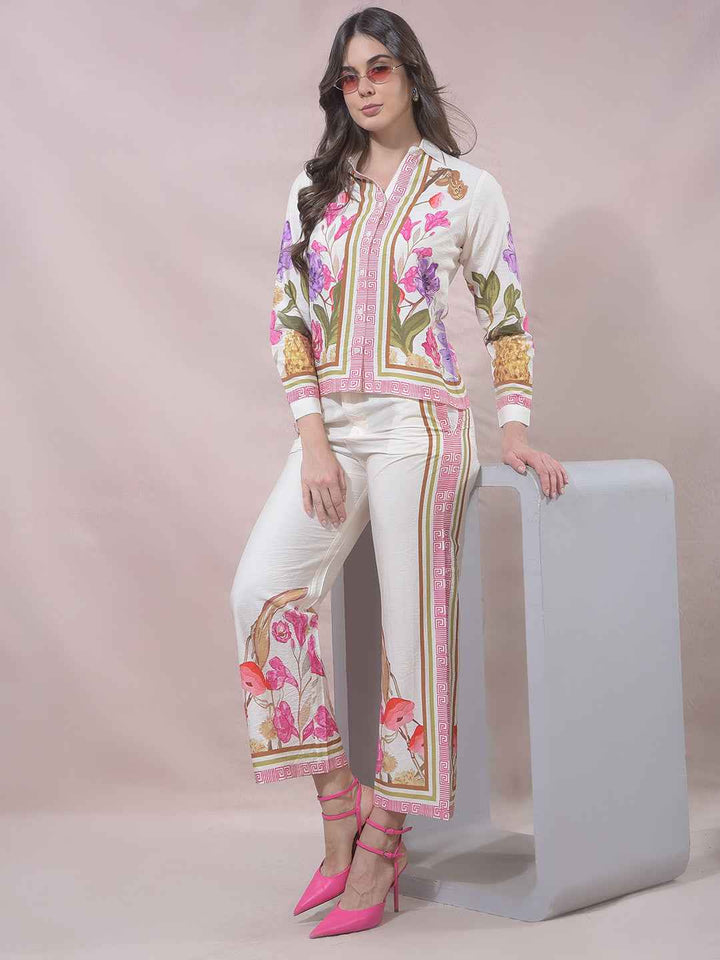 Off White Floral Print Casual Trousers