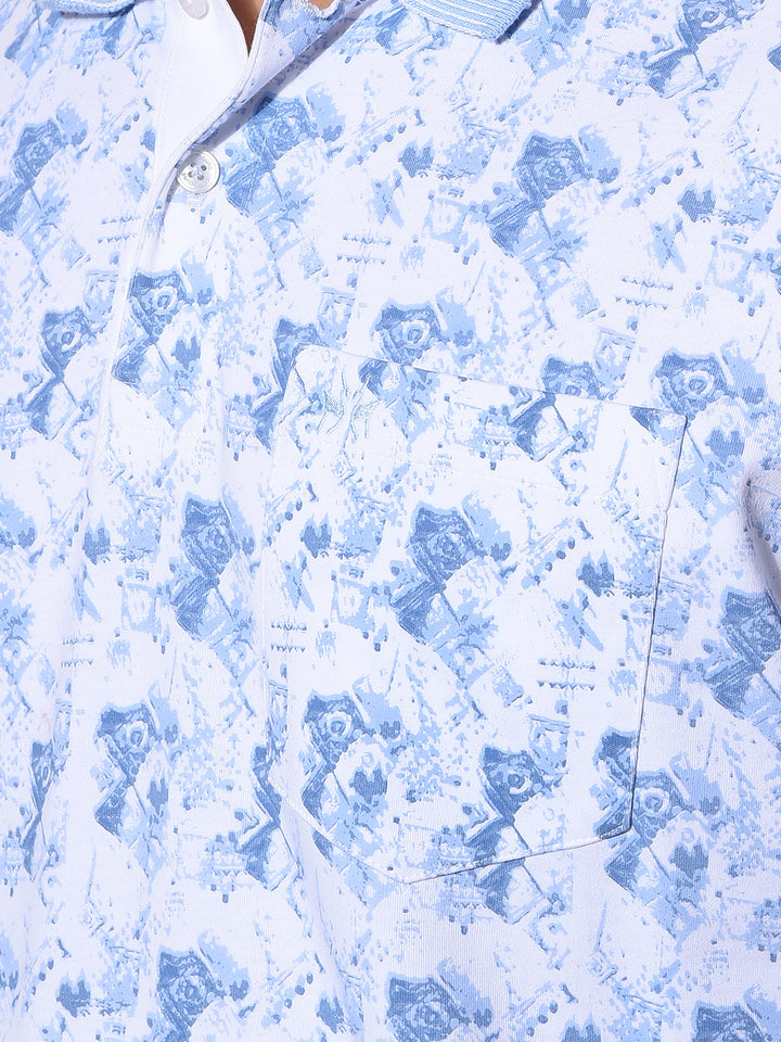 Blue Printed Polo Neck 100% Cotton T-Shirt
