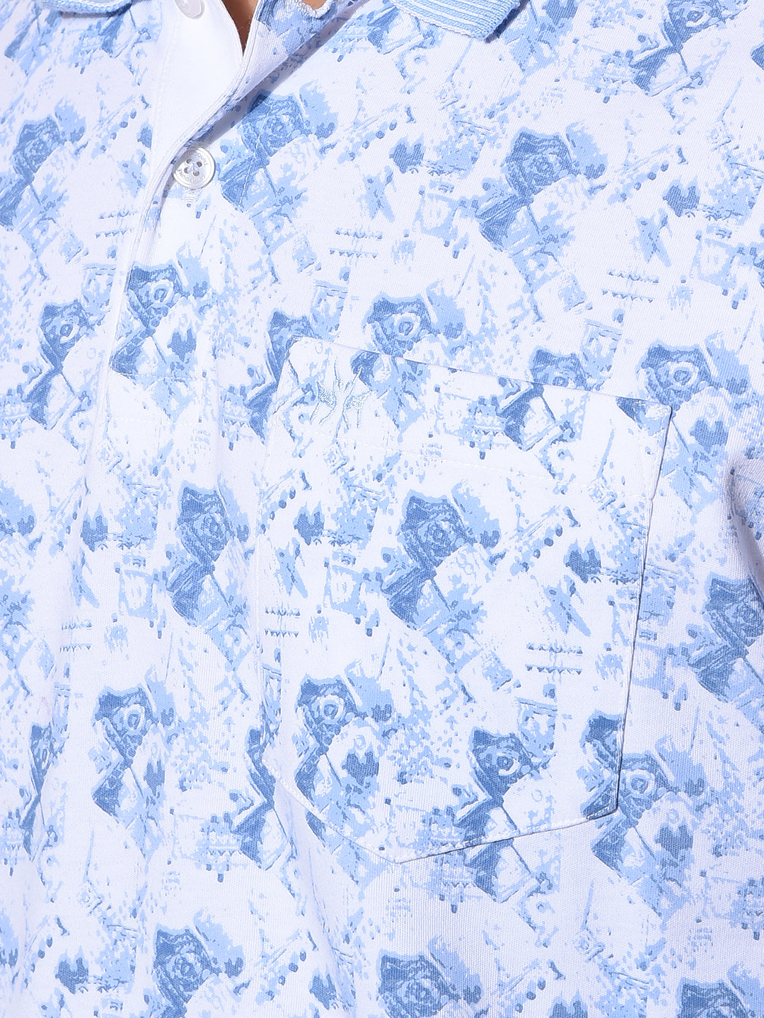 Blue Printed Polo Neck 100% Cotton T-Shirt