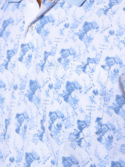 Blue Printed Polo Neck 100% Cotton T-Shirt