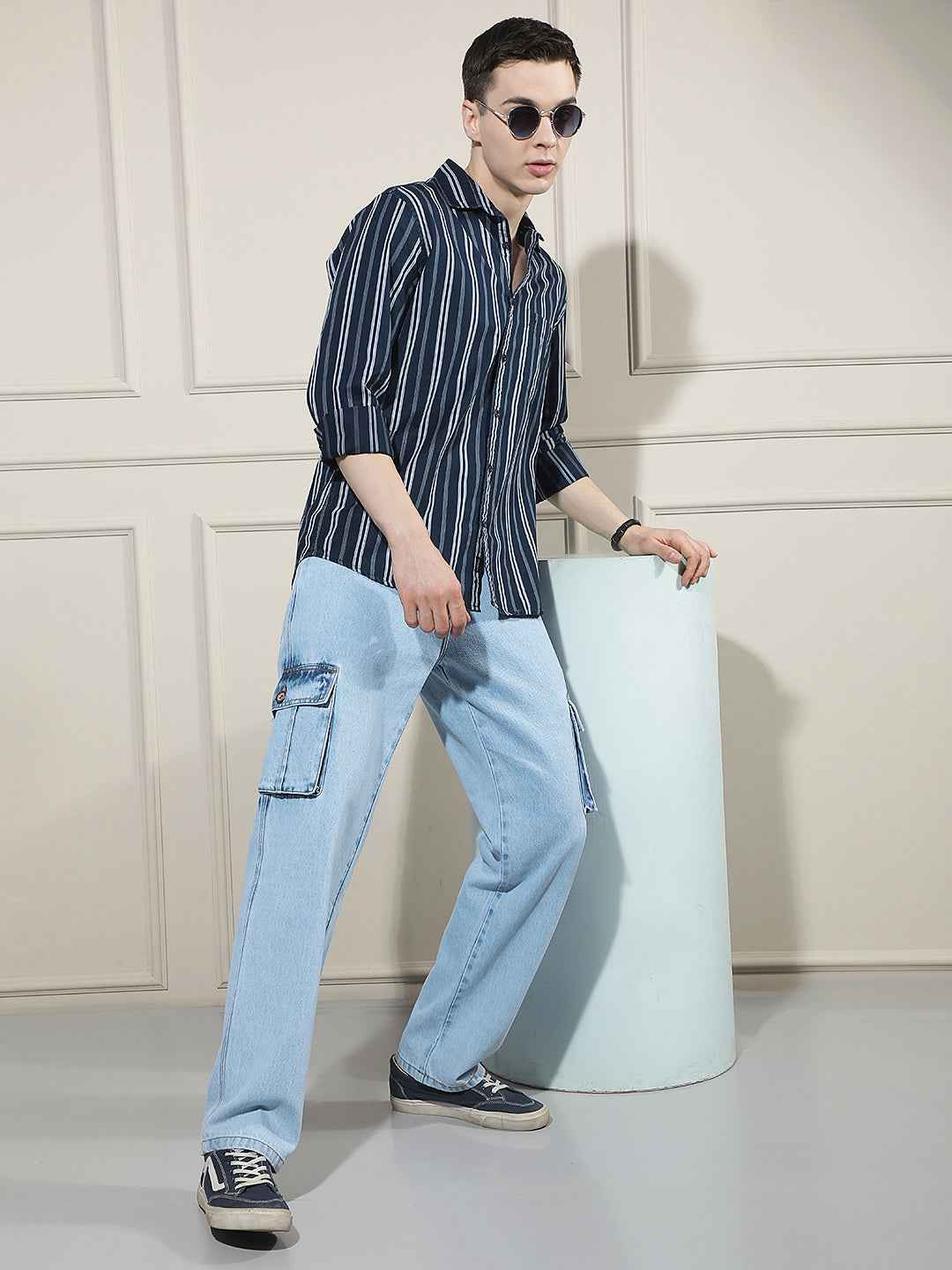 Navy Blue Vertical Stripes 100% Cotton Shirt