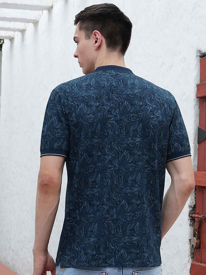 Blue Floral Print Polo Neck T-Shirt