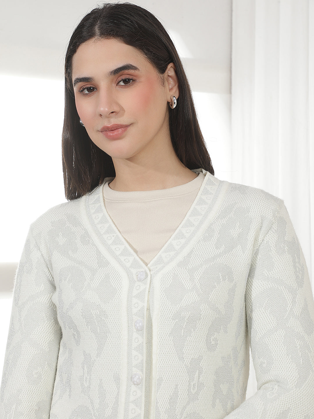 Off White Jacquard V-Neck Cardigan