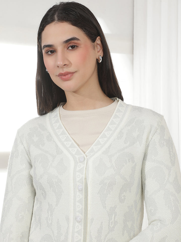 Off White Jacquard V-Neck Cardigan