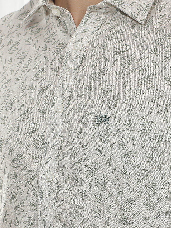 Green Botanical Print Linen Shirt