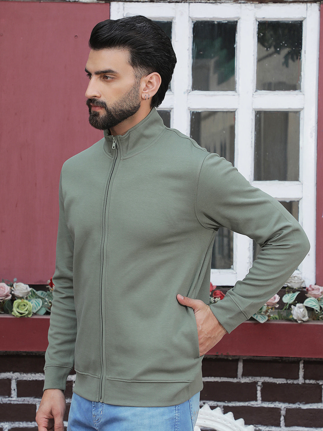 Olive Front Open Sweatshirt