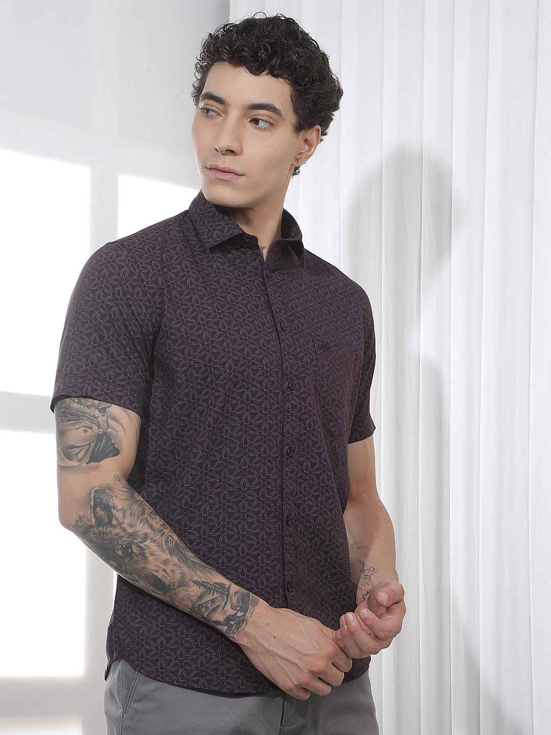 Wine Geometric Print Linen Shirt