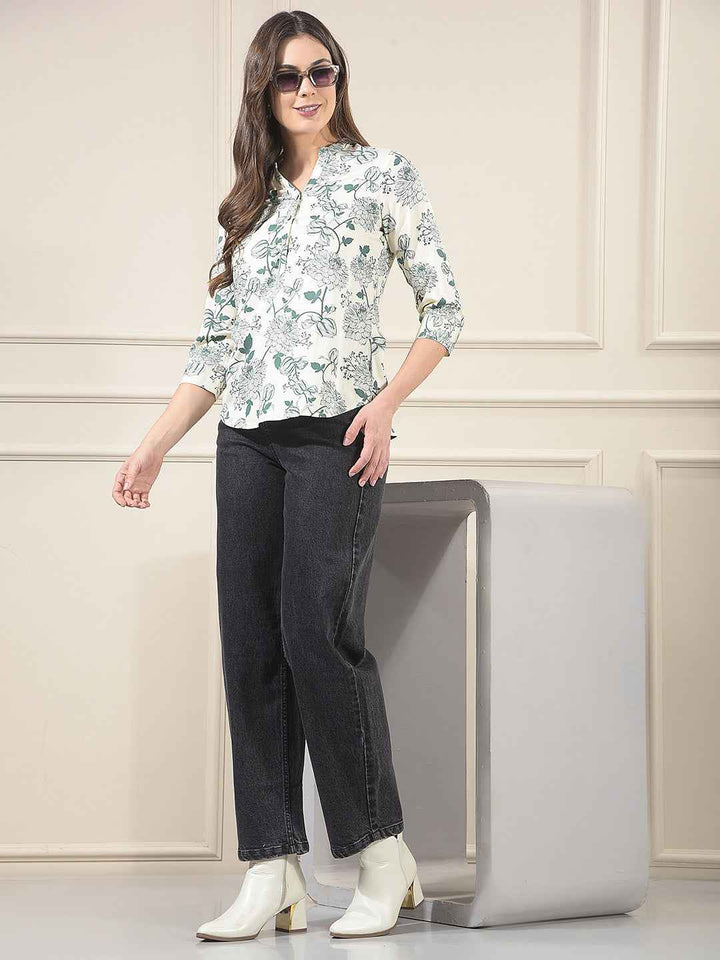 Green Floral Printed V-Neck Top