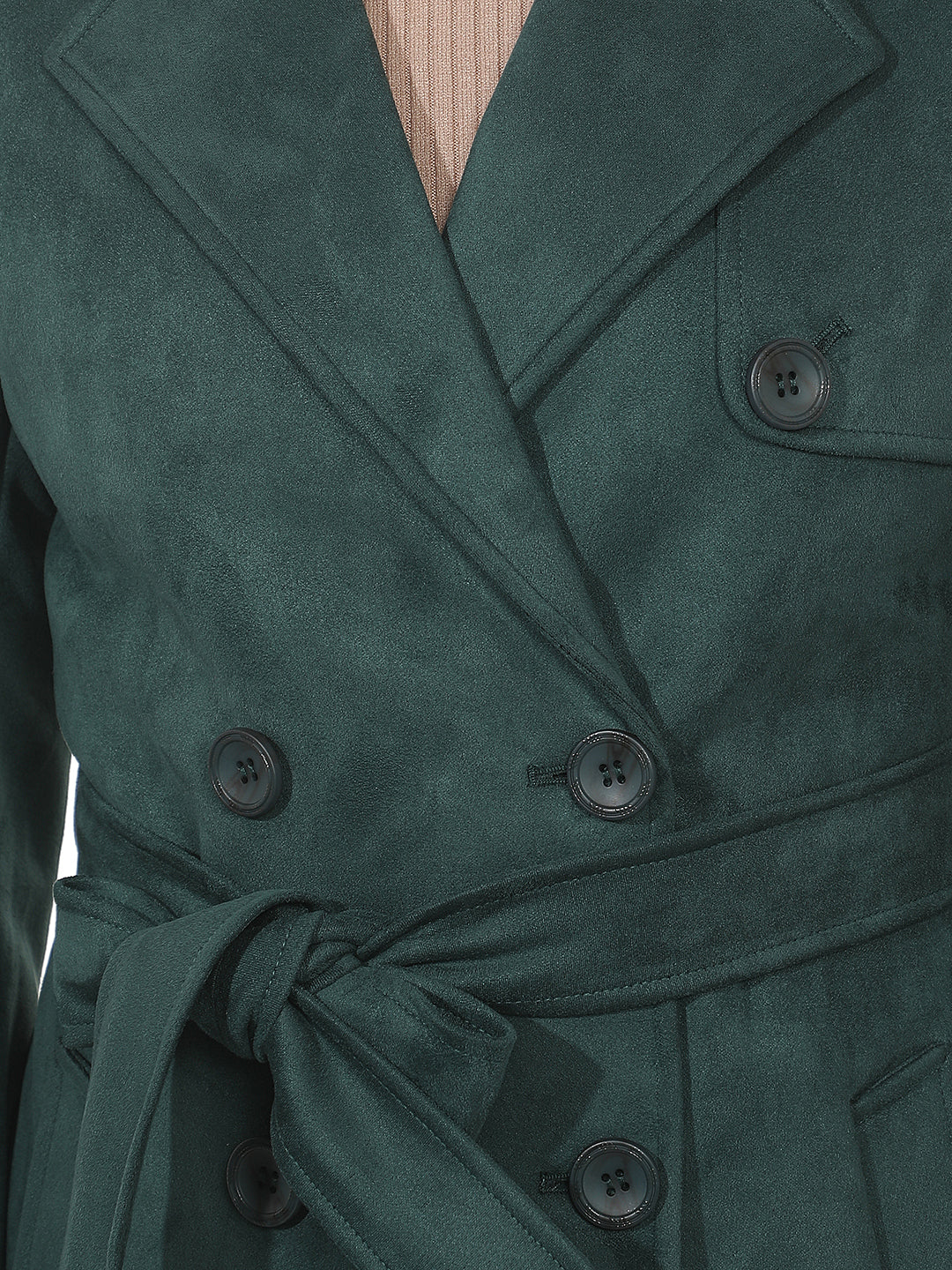Green Mid-Thigh Trench Coat With Belt