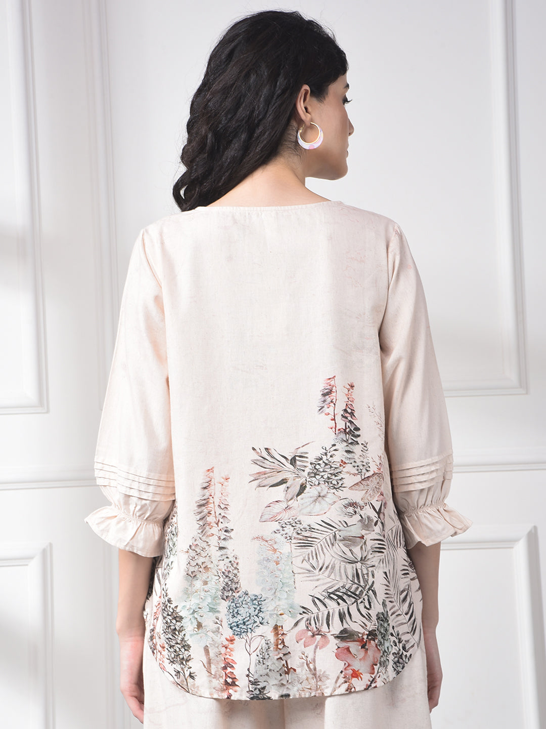 Peach Floral Print Linen Top