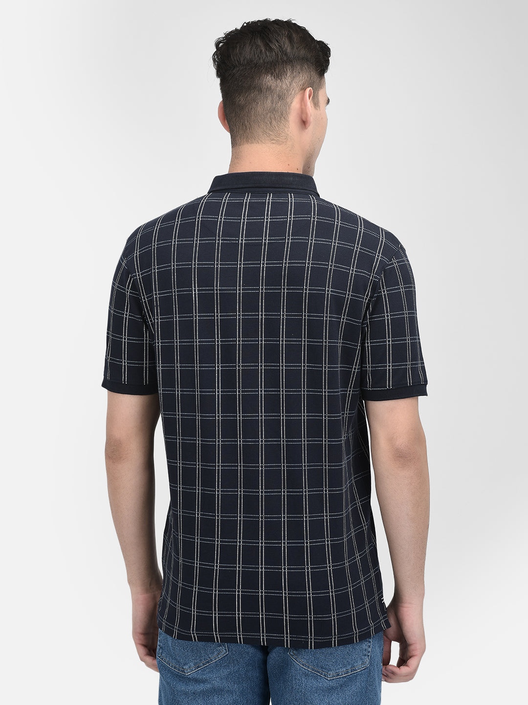 Navy Blue Checked Polo Neck T-Shirt