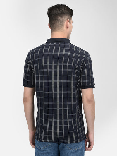 Navy Blue Checked Polo Neck T-Shirt