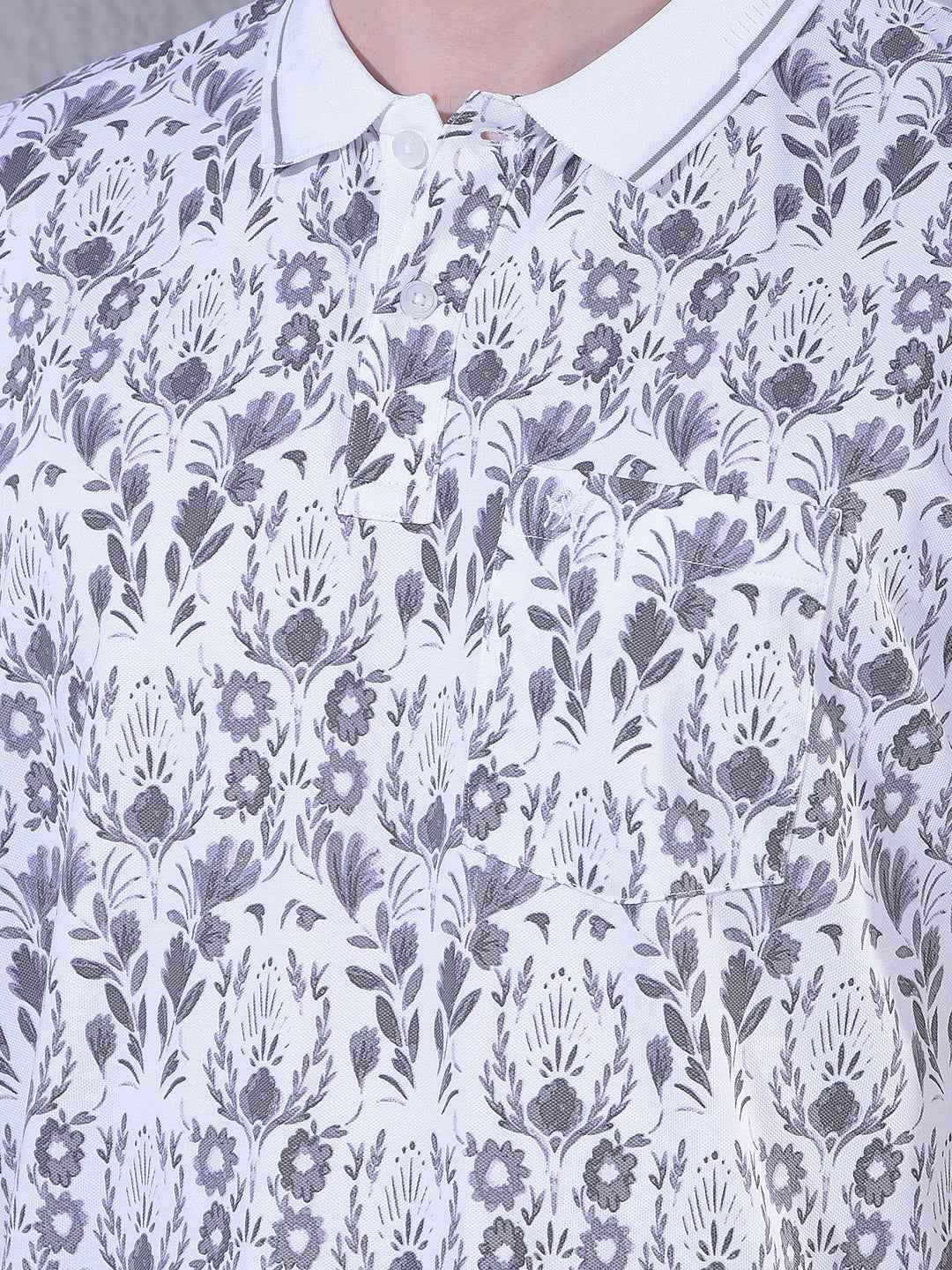 Grey Floral Print Polo Neck T-Shirt