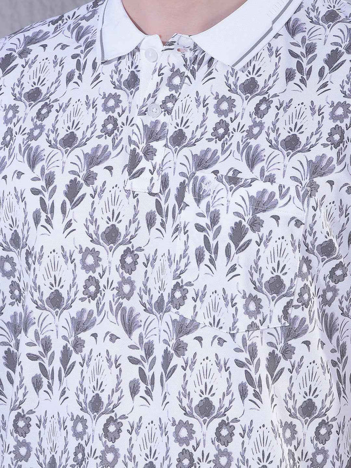 Grey Floral Print Polo Neck T-Shirt