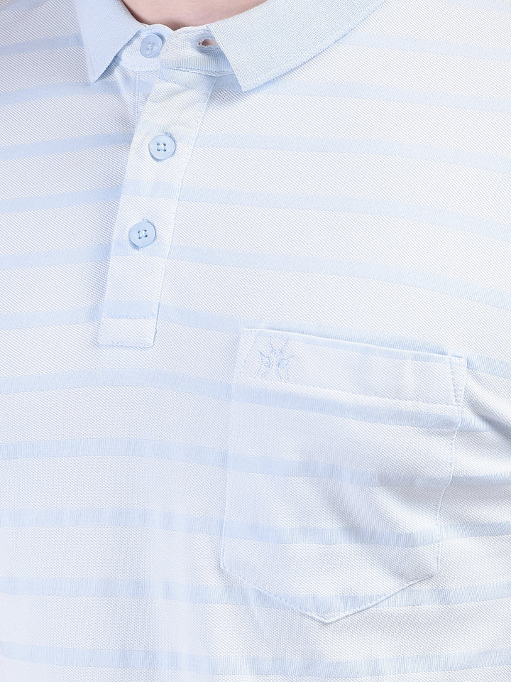 Blue Horizontal Stripes 100% Cotton Polo Neck T-Shirt-Men T-Shirts-Crimsoune Club