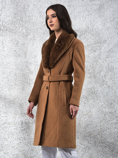 Brown Notched Lapel Overcoat With Belt