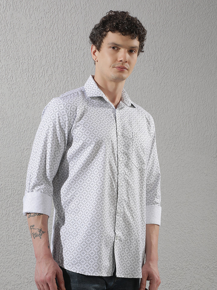 White Geometric Print Shirt